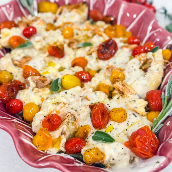 Stuffed Shells with Smoked Chicken &amp; Gouda - Pasta shells filled with smoked chicken and Gouda, baked in a sage brown butter Alfredo sauce with blistered cherry tomatoes