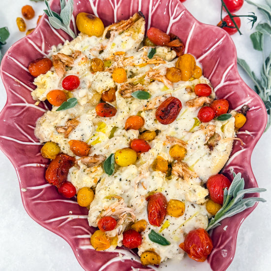 Stuffed Shells with Smoked Chicken &amp; Gouda - Pasta shells filled with smoked chicken and Gouda, baked in a sage brown butter Alfredo sauce with blistered cherry tomatoes