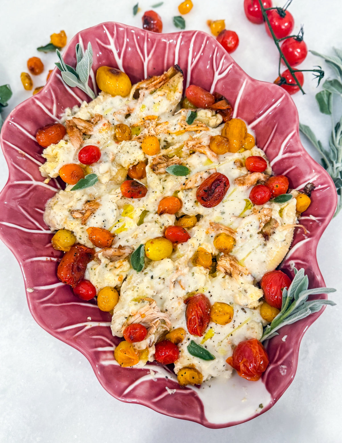 Stuffed Shells with Smoked Chicken &amp; Gouda - Pasta shells filled with smoked chicken and Gouda, baked in a sage brown butter Alfredo sauce with blistered cherry tomatoes