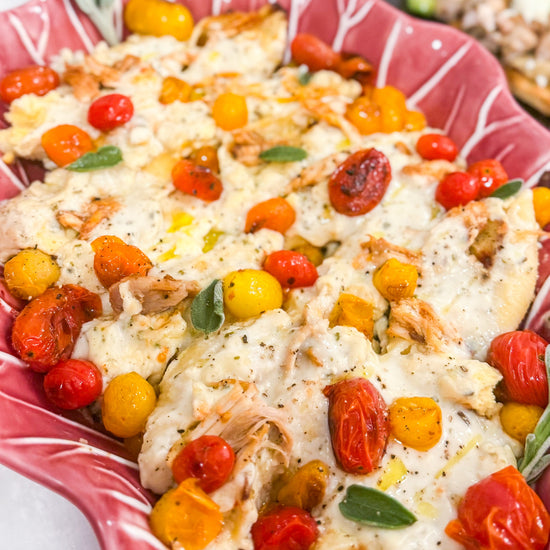Stuffed Shells with Smoked Chicken &amp; Gouda - Pasta shells filled with smoked chicken and Gouda, baked in a sage brown butter Alfredo sauce with blistered cherry tomatoes