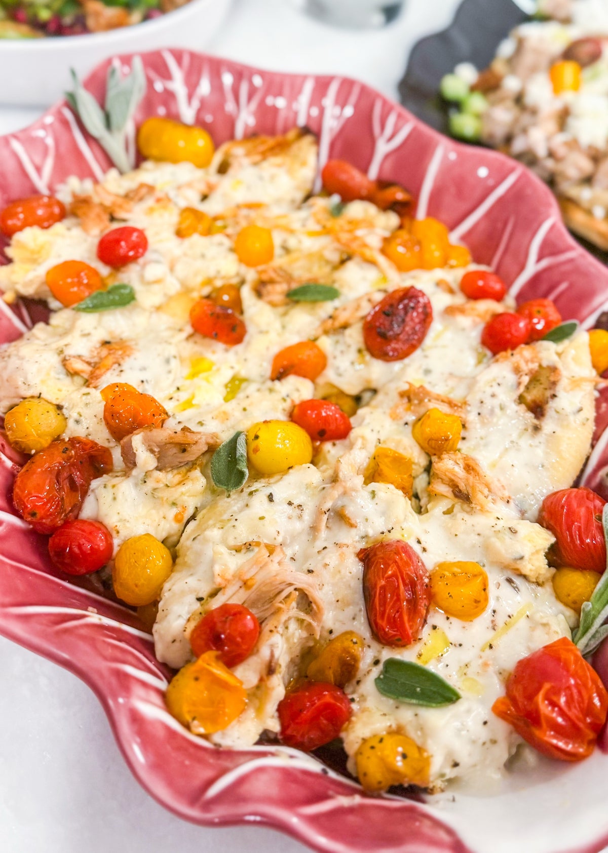 Stuffed Shells with Smoked Chicken &amp; Gouda - Pasta shells filled with smoked chicken and Gouda, baked in a sage brown butter Alfredo sauce with blistered cherry tomatoes