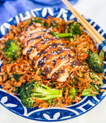 Garlic Miso Chicken with Soy Butter Veggie Rice Bowl - Grilled chicken glazed in garlic miso, served with umami-rich soy butter rice, broccoli, and carrots