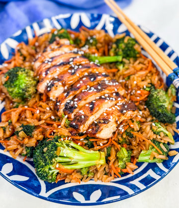 Garlic Miso Chicken with Soy Butter Veggie Rice Bowl - Grilled chicken glazed in garlic miso, served with umami-rich soy butter rice, broccoli, and carrots