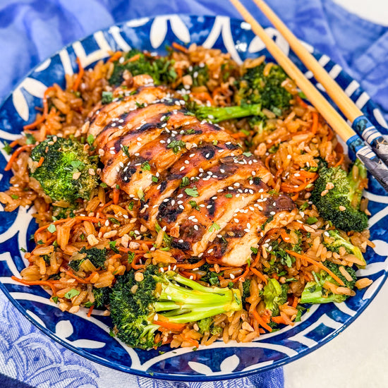 Garlic Miso Chicken with Soy Butter Veggie Rice Bowl - Grilled chicken glazed in garlic miso, served with umami-rich soy butter rice, broccoli, and carrots