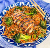 Garlic Miso Chicken with Soy Butter Veggie Rice Bowl - Grilled chicken glazed in garlic miso, served with umami-rich soy butter rice, broccoli, and carrots
