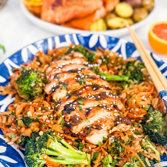 Garlic Miso Chicken with Soy Butter Veggie Rice Bowl - Grilled chicken glazed in garlic miso, served with umami-rich soy butter rice, broccoli, and carrots