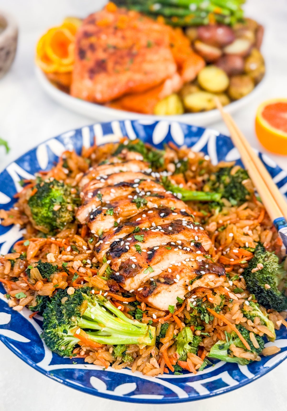 Garlic Miso Chicken with Soy Butter Veggie Rice Bowl - Grilled chicken glazed in garlic miso, served with umami-rich soy butter rice, broccoli, and carrots