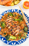 Garlic Miso Chicken with Soy Butter Veggie Rice Bowl - Grilled chicken glazed in garlic miso, served with umami-rich soy butter rice, broccoli, and carrots