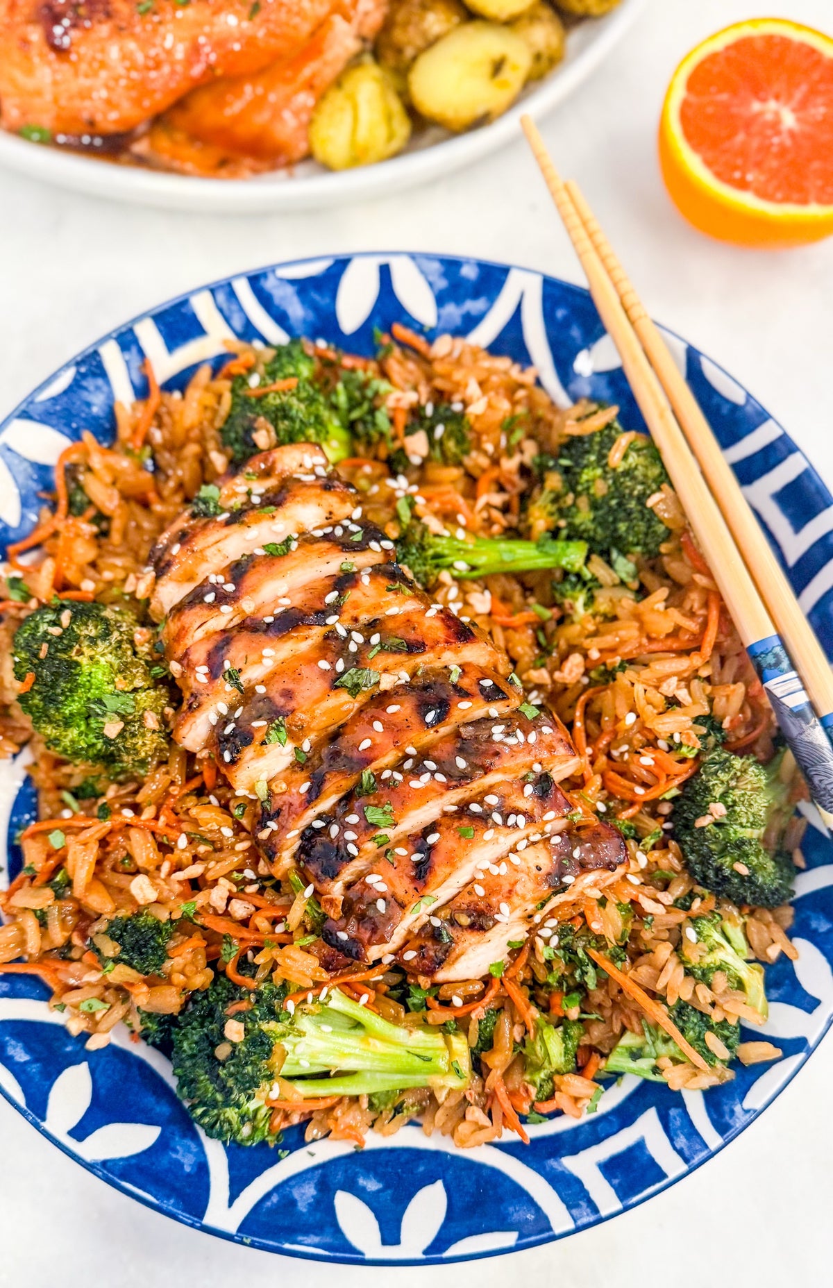 Garlic Miso Chicken with Soy Butter Veggie Rice Bowl - Grilled chicken glazed in garlic miso, served with umami-rich soy butter rice, broccoli, and carrots