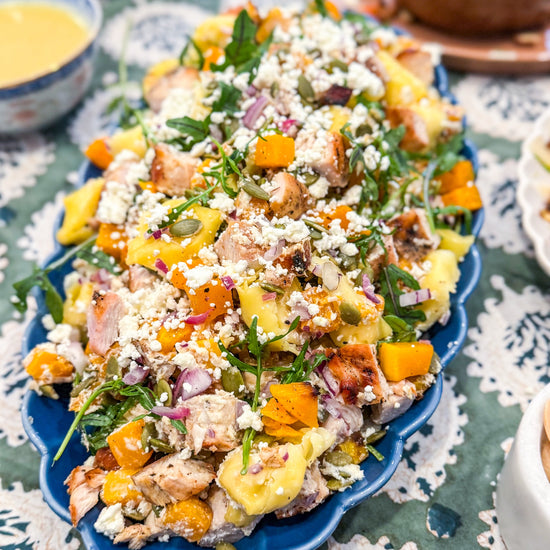 Roasted Squash Pasta Salad - Roasted squash, pepitas, and goat cheese combined with grilled chicken, shallots, baby arugula, and tender tortellini, all tossed in a rich brown butter vinaigrette.