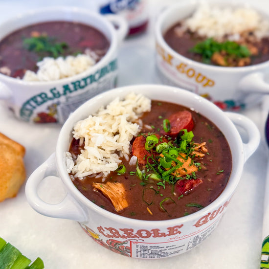 Frozen Chicken and Sausage Gumbo - Creole chicken, smoked sausage, onion, bell pepper, celery, garlic, roux, chicken stock, Creole seasoning, bay leaf, green onions