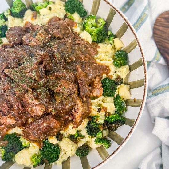 Slow-Braised Beef Pot Roast - Pot roast with broccoli mac ‘n’ cheese made with Unexpected Cheddar