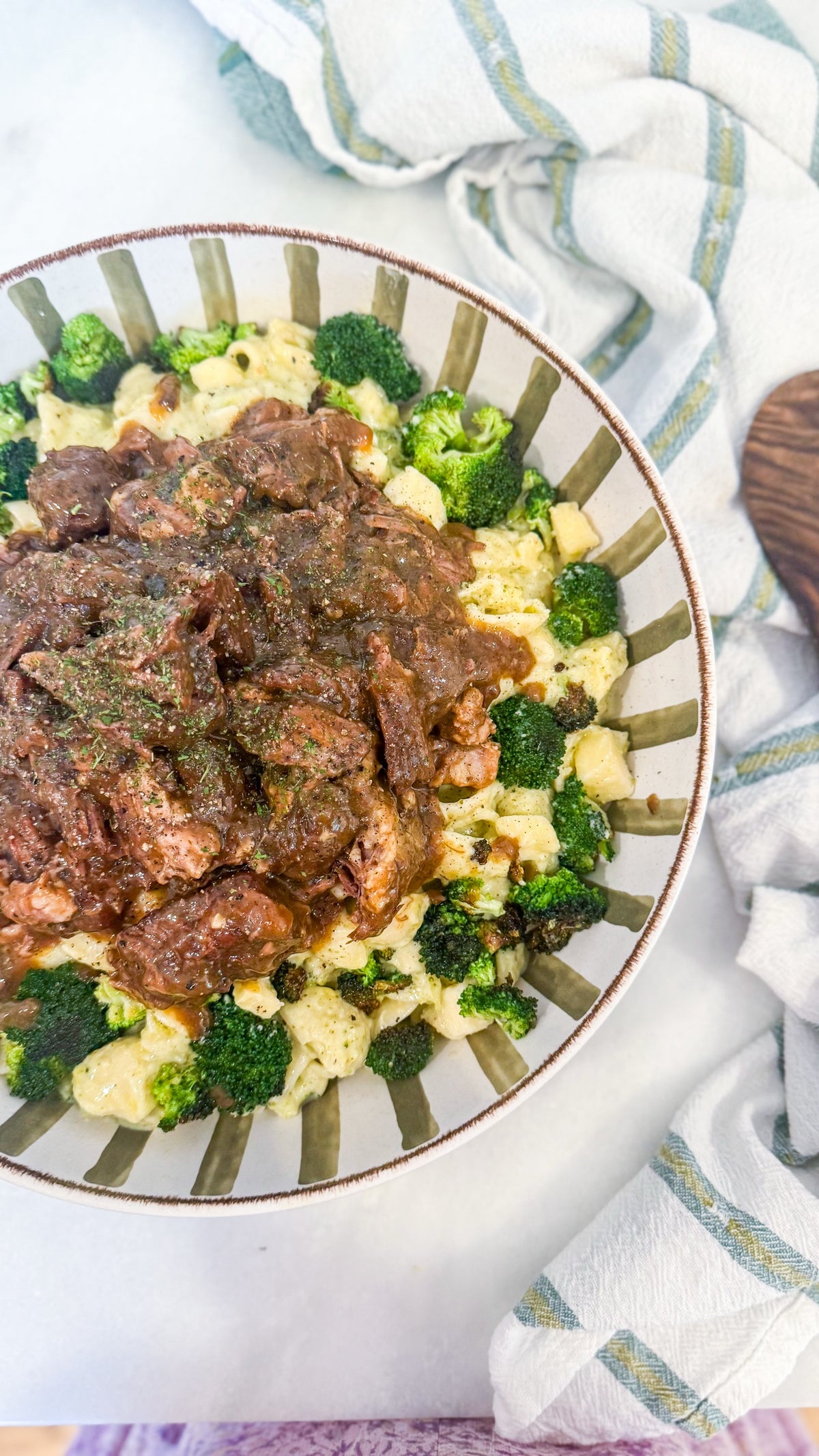 Slow-Braised Beef Pot Roast - Pot roast with broccoli mac ‘n’ cheese made with Unexpected Cheddar