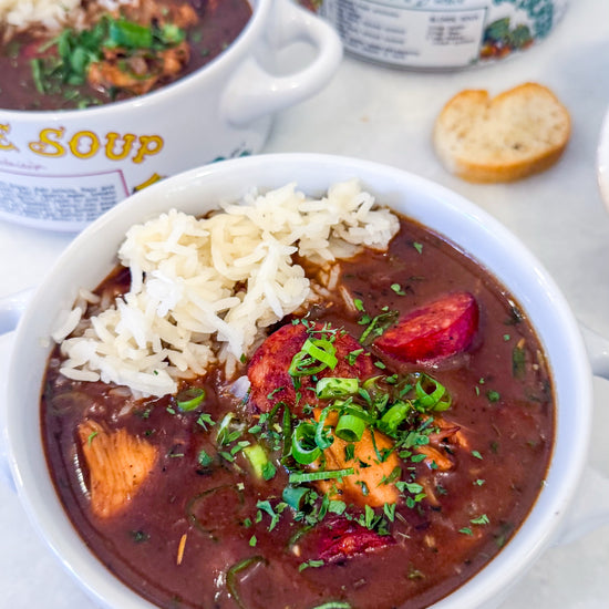 Frozen Chicken and Sausage Gumbo - Creole chicken, smoked sausage, onion, bell pepper, celery, garlic, roux, chicken stock, Creole seasoning, bay leaf, green onions