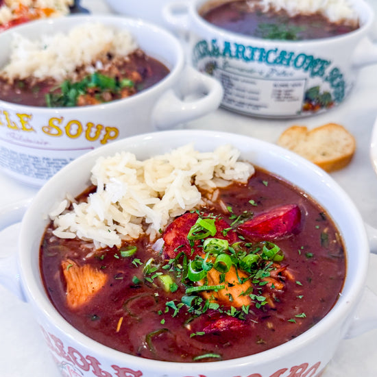 Frozen Chicken and Sausage Gumbo - Creole chicken, smoked sausage, onion, bell pepper, celery, garlic, roux, chicken stock, Creole seasoning, bay leaf, green onions