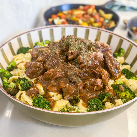 Slow-Braised Beef Pot Roast - Pot roast with broccoli mac ‘n’ cheese made with Unexpected Cheddar