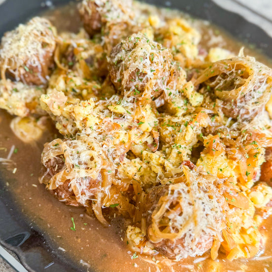 French Onion Meatballs with Gravy &amp; Mash - Meatballs inspired by French onion soup, served with gravy and mashed baby potatoes