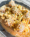 French Onion Meatballs with Gravy &amp; Mash - Meatballs inspired by French onion soup, served with gravy and mashed baby potatoes