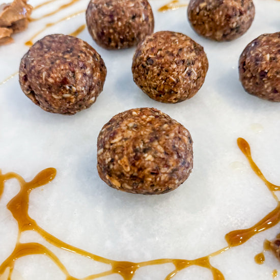 Protein Energy Balls - Rolled oats, almond butter, dates, chia seeds, salted honey, cacao nibs