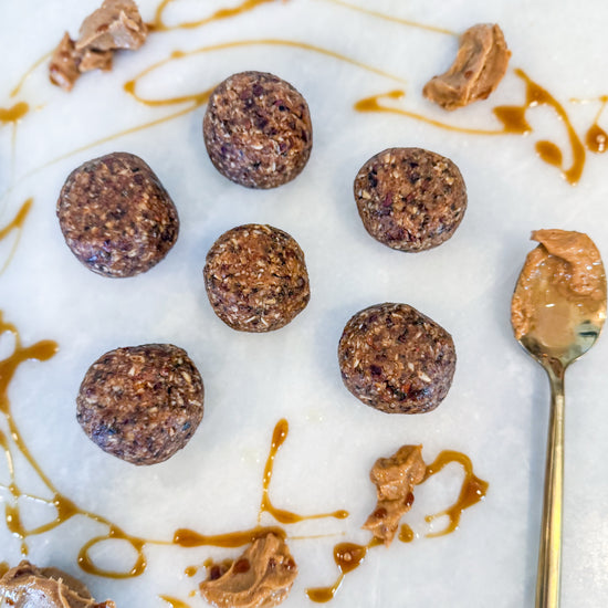 Protein Energy Balls - Rolled oats, almond butter, dates, chia seeds, salted honey, cacao nibs