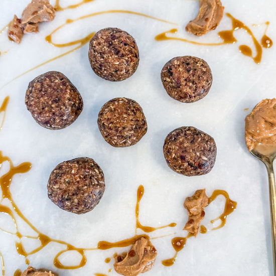 Protein Energy Balls - Rolled oats, almond butter, dates, chia seeds, salted honey, cacao nibs