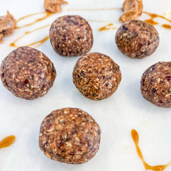 Protein Energy Balls - Rolled oats, almond butter, dates, chia seeds, salted honey, cacao nibs