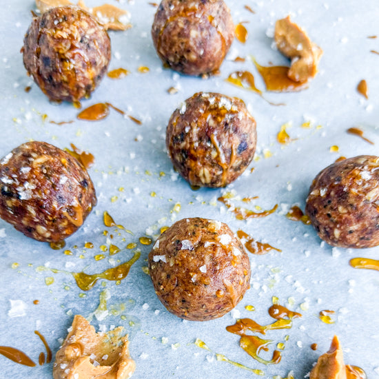 Protein Energy Balls - Rolled oats, almond butter, dates, chia seeds, salted honey, cacao nibs