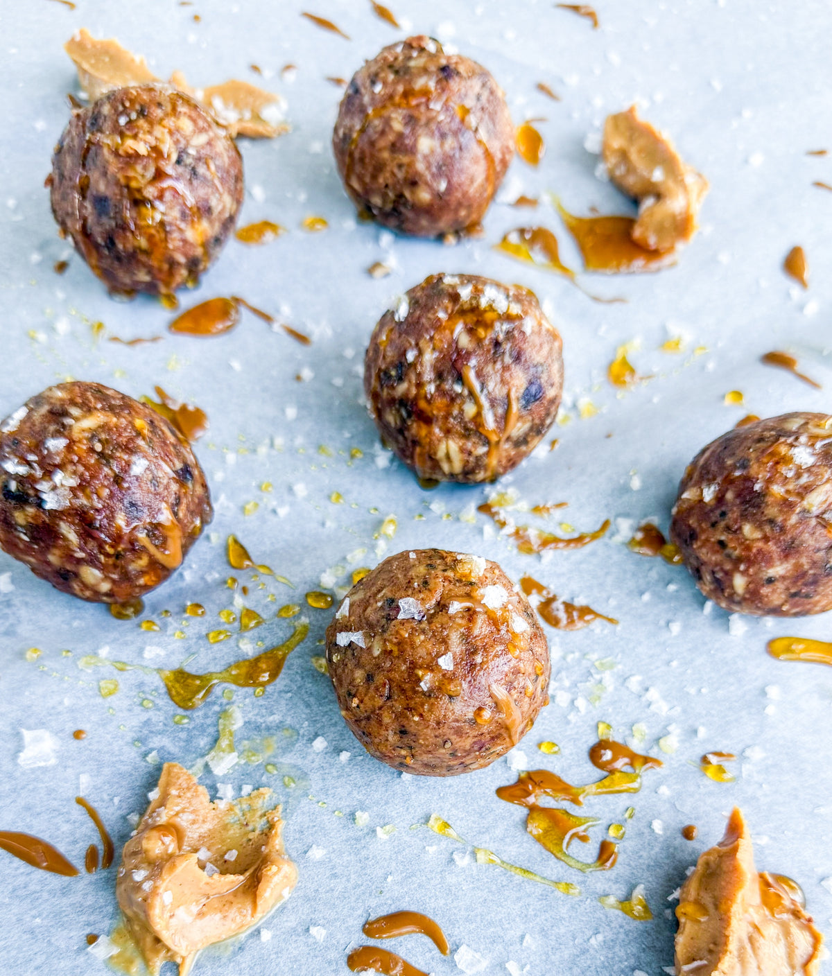 Protein Energy Balls - Rolled oats, almond butter, dates, chia seeds, salted honey, cacao nibs