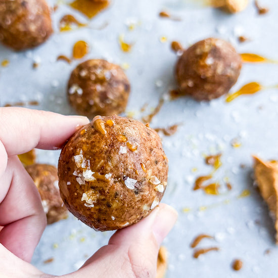 Protein Energy Balls - Rolled oats, almond butter, dates, chia seeds, salted honey, cacao nibs